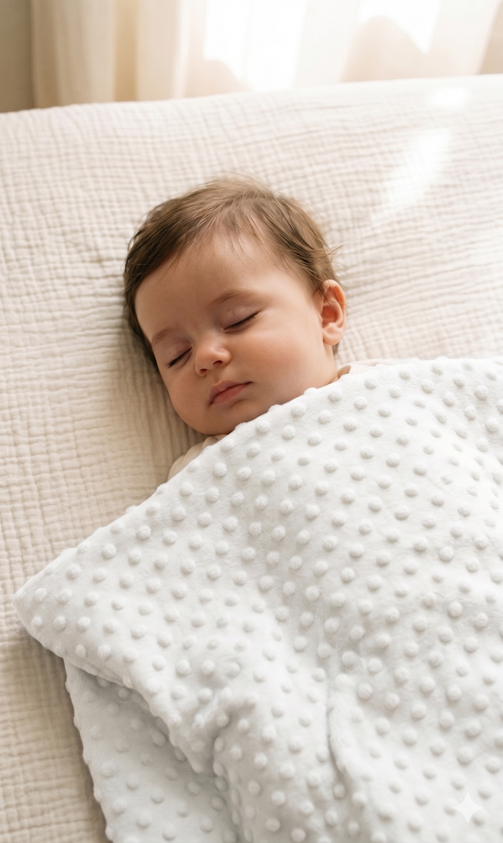 Mantita de topitos blanca sobre la cama con un bebé