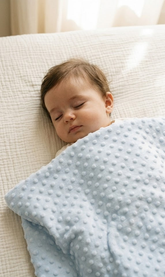 Mantita de topitos celeste sobre la cama con un bebé