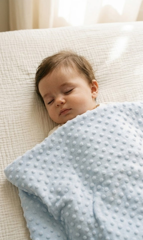 Mantita de topitos celeste sobre la cama con un bebé