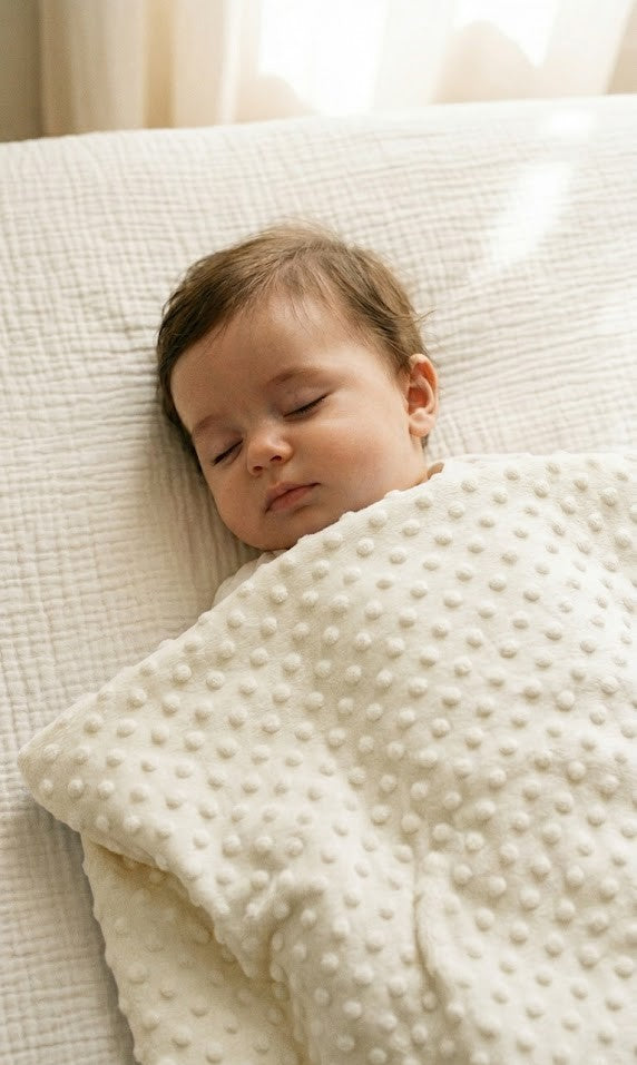 Mantita de topitos crema sobre la cama con un bebé