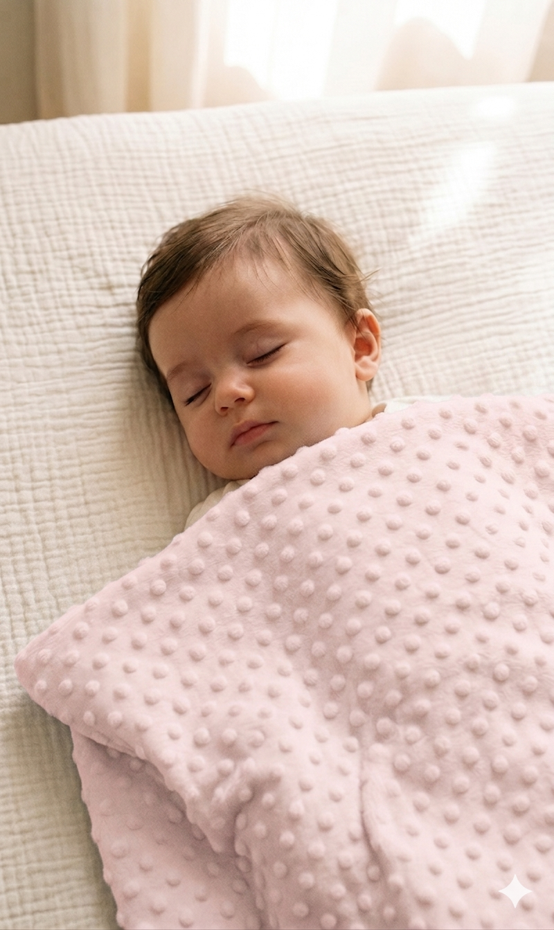 Mantita de topitos rosa sobre la cama con un bebé